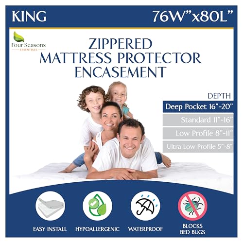 King Size Mattress Protector Waterproof Zippered Cover - Deep Pocket Fits up to 20" Depth - Hypoallergenic Premium Quality Encasement Protects Against Dust White