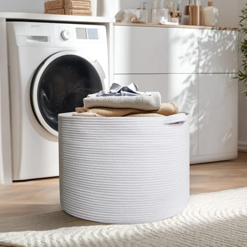 Image of MEGASKET 115L White Cotton Rope Storage Basket, 23.6 inchx15.7 inch Extra Large Blanket Storage Living Room, XXXL Soft Toy Bin for Organizing, Woven Baby Laundry Basket with Handle, Wicker Hamper Nursery