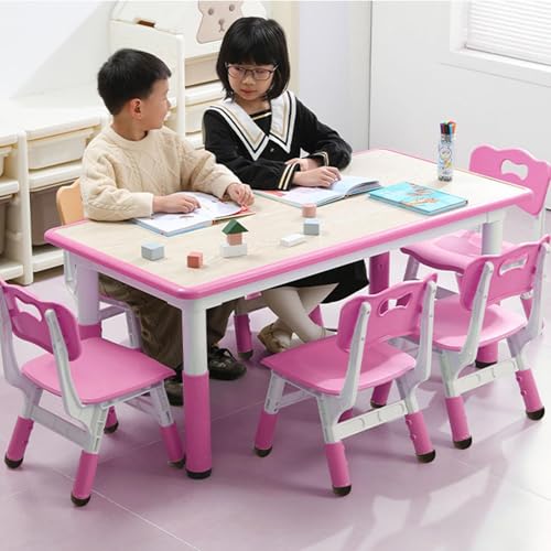 Image of Adjustable Kids Table & 6 Chairs Set - 47.2 inch Multi-Activity Study & Craft Desk with Non-Slip Legs, Graffiti-Resistant Desktop, Ideal for Playroom, Study Area, Daycare, or Home - Pink