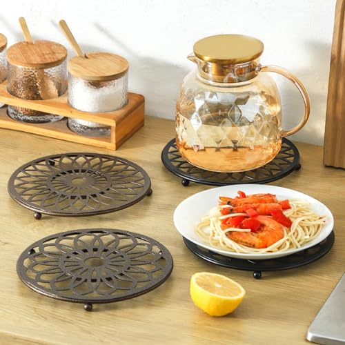 Teakiss IRON SLICE RETRO BROWN 2Pcs Flower Trivets - 7 Inch Insulating Metal Trivet Round Vintage Brown Pot Pads thumb #1