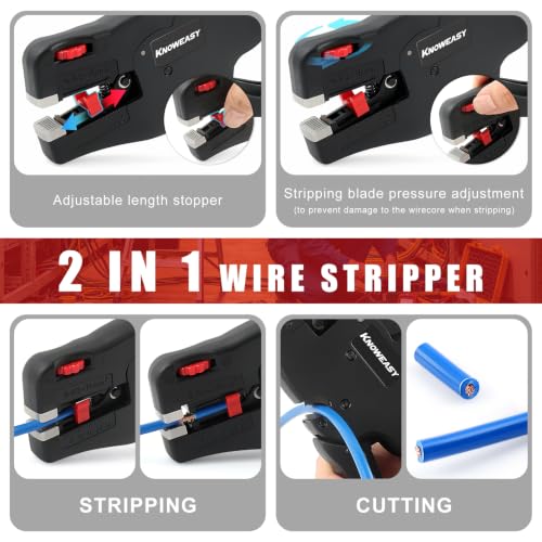 Image of Knoweasy Upgraded 2-in-1 Wire Stripper and Cutter for 32 to 7 AWG and 0.03 to 10mm Cables, Heavy Duty Automatic Stripping Plier and Cutting Tool for Professionals and DIY Electrical Projects