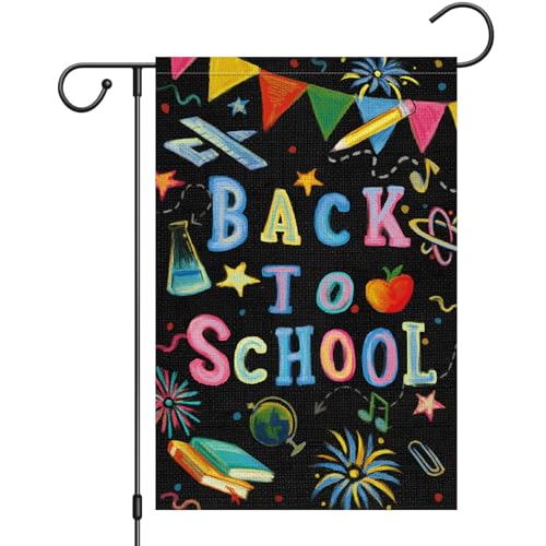 Back to School Garden Flag 12x18 Inch Double Sided Burlap Fireworks Decorative School Days Apple Pencil Crayon Supplies Yard Flag for Campus Outdoor Outside Decor (ONLY FLAG)