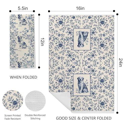 Image of Blue Chinoiserie Golden Retriever Kitchen Towels, Gifts for Golden Retriever Lovers Dish Tea Towels for Kitchen, Vintage French Toile Dog Decorative Hand Towel for Bathroom, 16x24 Inch Set of 2
