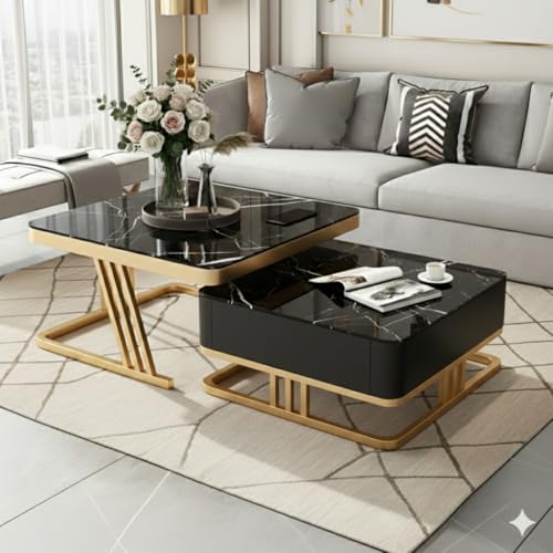 Image of Handmade Drawer Square 20 inchx20 inch Coffee Table /Nesting Table /Side Table /Center Table with Marble Finish Top for Living Room /Drawing Room (Black & Gold)