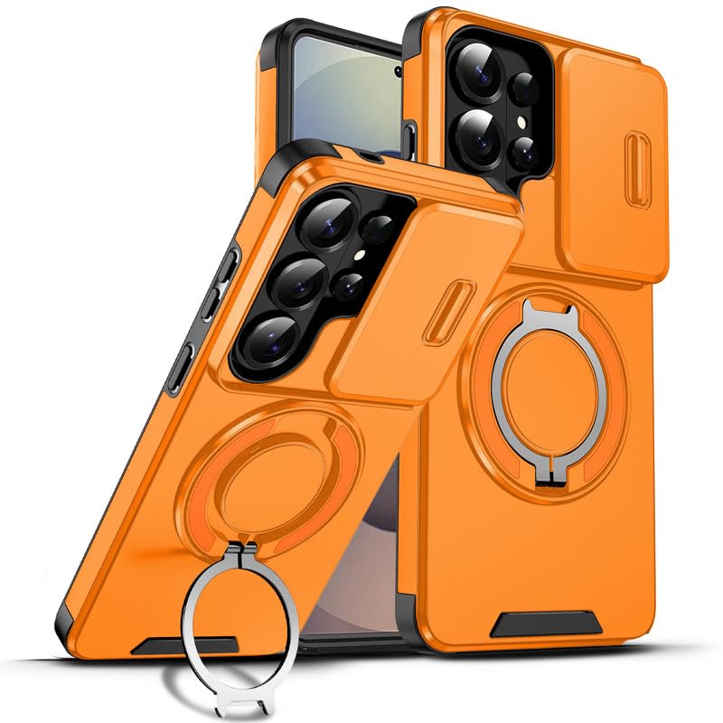 Image of LuxuryKase Shockproof Rugged Case for Samsung Galaxy S26 Ultra | Slide Camera Cover | 360 Rotating Ring Kickstand | Military-Grade Protection - Sunset Orange