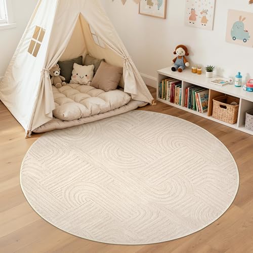 BEIMO 120cm Round Geometric Beige Washable Rug Non Slip Living Room Carpet