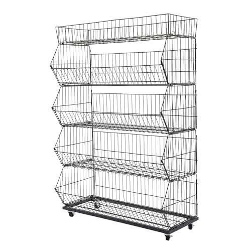 LUOSHALIYA 5-Shelf Retail Display, Wire Shelving with Wheels and Hook Heavy-Duty Metal Snack Display Organizer, Retail Shelf for Supermarket Grocery Store Home Kitchen