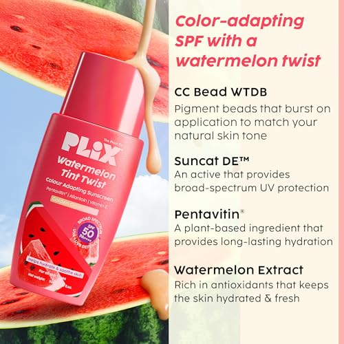 Image of PLIX THE PLANT FIX Watermelon Tint Twist Colour Adapting Sunscreen SPF 50++++ With New Age UV-Filters | In Vivo Tested | Broad Spectrum Protection | Lightweight, Non-sticky | Provides Sheer Coverage