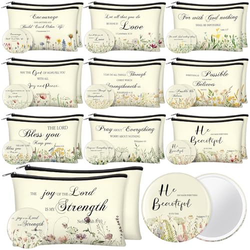 Abbylike 40 Pcs Christian Gift for Women Include 20 Bible Verse Makeup Bags 20 Christian Compact Mirrors Inspirational Religious Scripture Gift for Mom Sister Birthday Graduation (Elegant Style)