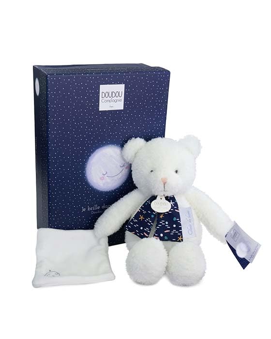 DUDOU Y COMPAÑÍA – CLARO DE LUNA – Oso Doudou Pantin 28 cm – Peluche blanco ultra suave – Brilla en la oscuridad – Idea de regalo para nacimiento – Se envía en caja de regalo estrellado – para bebé