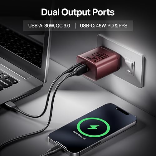 Image of Boat 45W GaN Charger USB Type C, Ultra-Fast Dual Port Fast Charging, Compact & Lightweight, Supports iPhone, Android, iPad, Tablet (Monarch Red)