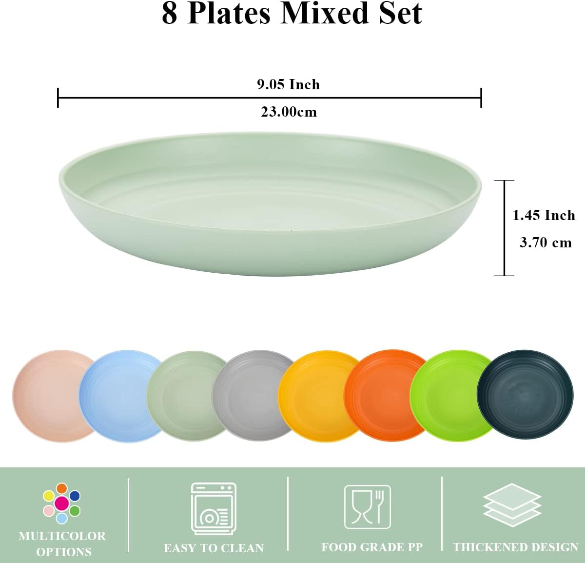 Berglander 9 Inch Plastic Deep Dinner Plates Set of 8 Colors, Reusable and Sturdy Unbreakable Dishes Set for Pasta Bowls,Ramen,Drop Resistant, BPA Free Dinnerware Microwave Safe Dishwasher Safe