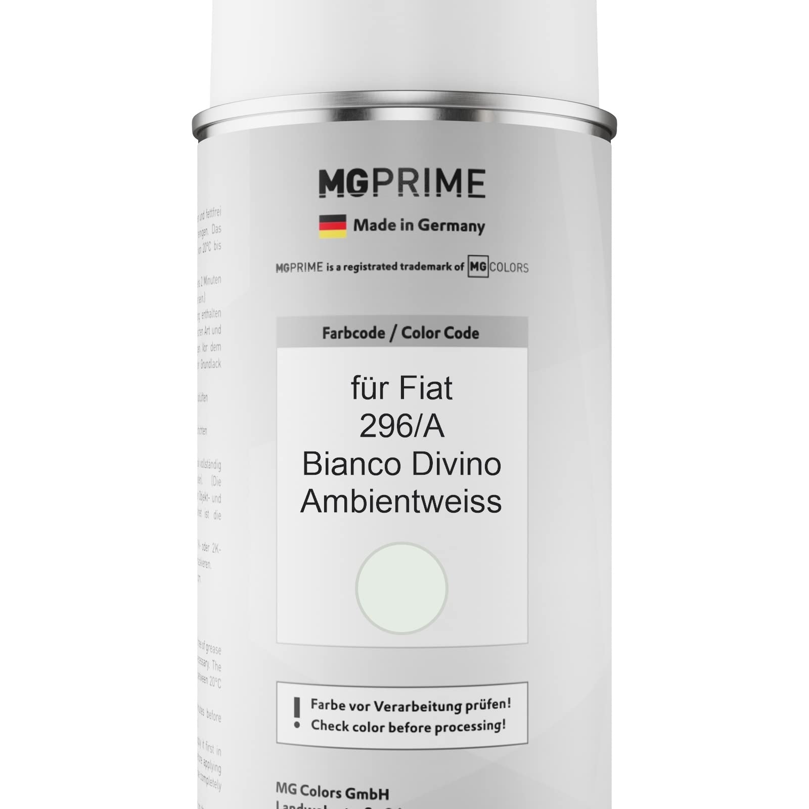 MG PRIME Vernice per auto Kit di bombolette a spruzzo per Fiat 296/A Bianco Divino/Ice White Bomboletta spray da 400ml di vernice di base vernice trasparente