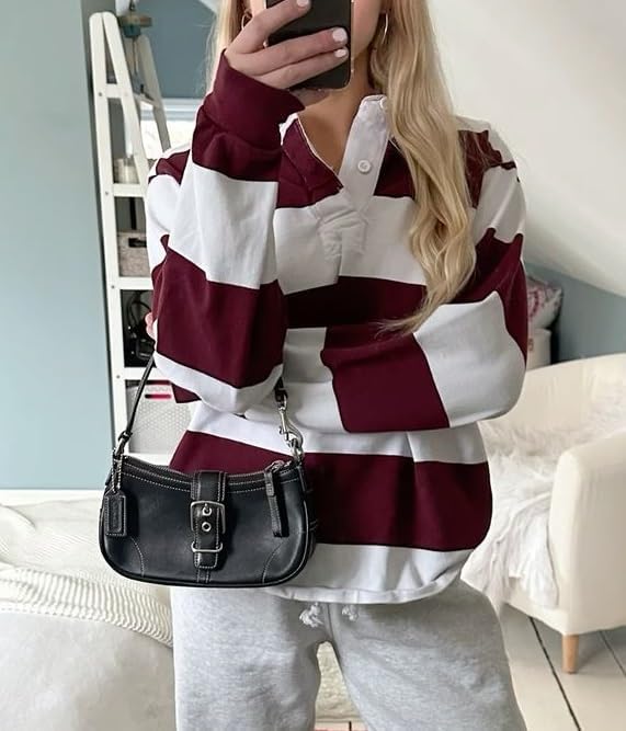Women Striped Rugby Shirt Y2k Long Sleeve Oversized Polo Sweatshirt Vintage Collared Shirt Pullover Top Streetwear - Image 3