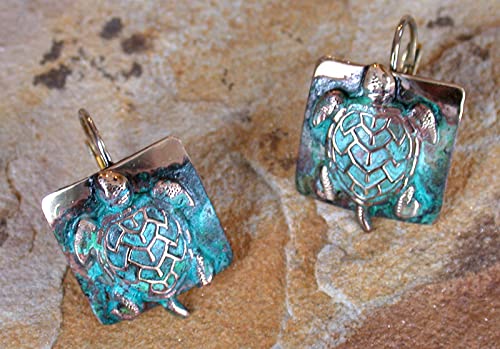 Sea Turtle Earrings - USA Made - Verdigris Patina Solid Brass2