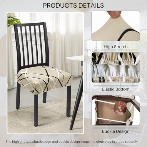 Image of SearchI Stretch Dining Chair Seat Covers Set of 4, Soft Removable Washable Seat Covers for Dining Chairs, Dining Room Seat Cover Slipcover Protector (Rear-Covered, Beige Stripe)