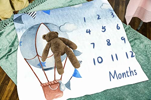 Image of Blue Baby Monthly Milestone Blanket, Cartoon Hot Air Balloon Star Newborn Photo Blanket, 48x40 Inches
