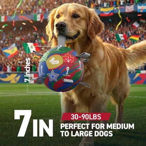 Image of QDAN Dog Soccer Ball with Straps, 7 Inch World Cup Soccer Ball for Dogs, Water Toy, Dog Ball Toys for Medium Large