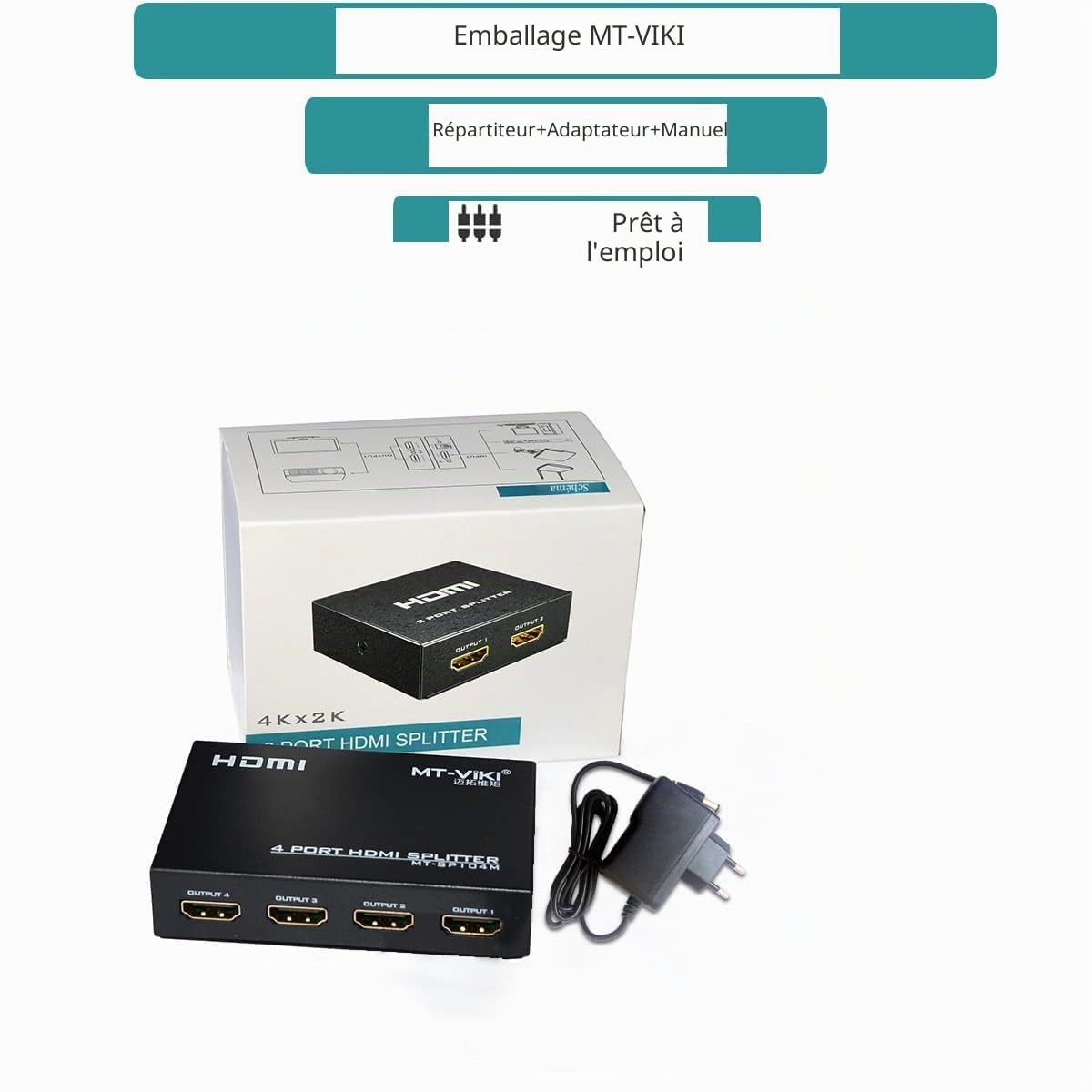 MT-VIKI Splitter HDMI 1 entrée 4 Sorties 1x4 Ports 4Kx2K@30Hz 3D Full HD 1080P Distributeur pour PS4 PS3 Fire Stick TV, DVD Moniteur