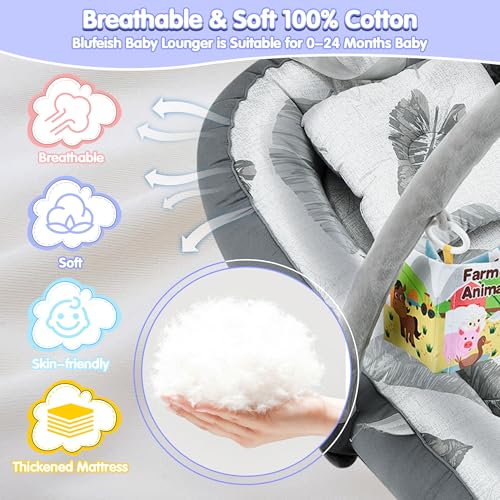 Blufeish Portable Baby Lounger with 4 Toys,Infant Lounger with Fitness Rack 0-24 Months,Co Sleeping Breathable & Soft 100% Cotton Newborn Lounger Machine-Washable (Baby Lounger with Fitness Rack)