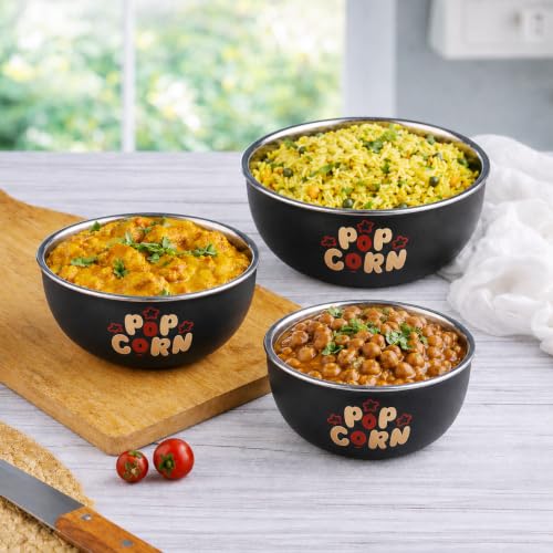 Image of Microwave Safe Stainless Steel Mixing Bowl Set with Lids - Set of 3 (500ml, 800ml, 1250ml) - Euro Style Food Storage Containers Classic Popcorn