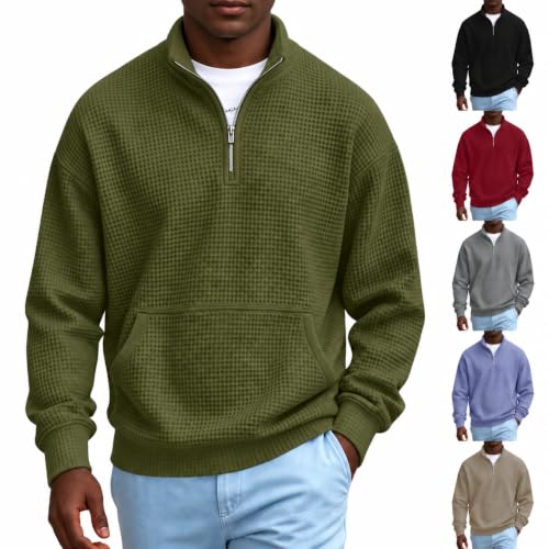 Mock Neck Shirt Mens Quarter Zip Sweatshirt Mock Neck Pullover Long Sleeve Waffle Shirts Mens Quarter Zip Pullover Lightweight Suéter para Hombre Fall Clothes 2026 Army Green S - image 1