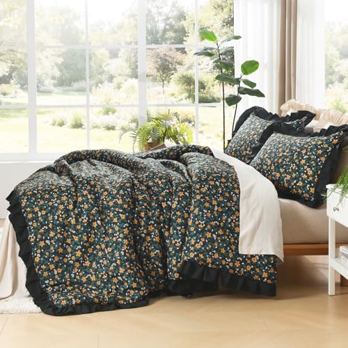 Image of Litanika Floral Ruffle Full Size Comforter Set, 3 Pieces Black Farmhouse Aesthetic Soft Lightweight Fluffy Bedding Comforter Sets for Girls Women, All Season (79x90In Comforter, 2 Pillowcases)