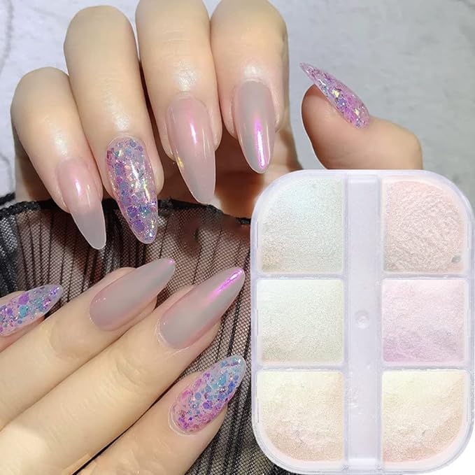 URBAN BOX 6 Grids Nail Art Kit Box, Aurora Chrome Pigment Mirror Powder, Pearl Glitter, Nail Art Dust Design, Nail Decoration Accessories, DIY Manicure-image-35