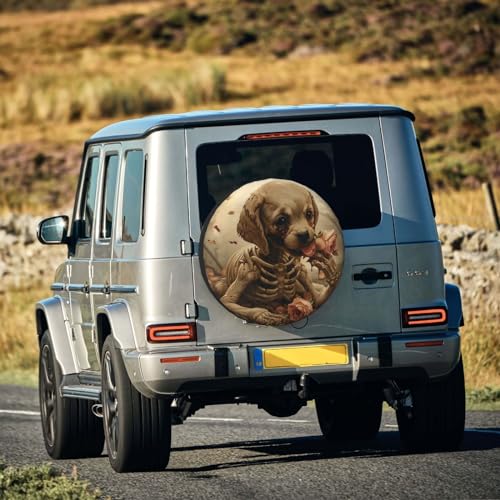 Image of Puppy Skeleton Spare Tire Cover, Universal Wheel Tire Cover Funny Skull Skeleton Tire Protectors for Trailer RV SUV Truck Camper 15 Inch