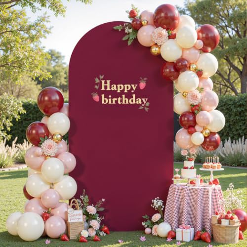 Image of Burgundy Arch Cover 6.6FT Spandex Fitted Wedding Arch Stand Covers Round Top Chiara Arch Covers Stretchy Backdrop Cover for Birthday Party Ceremony Banquet Decoration
