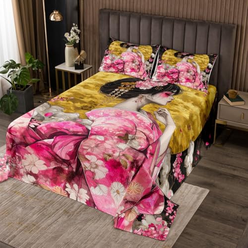 Girls Japanese Style Quilt Bedding Set King,Geisha Girl Coverlet Bedspread,Ukiyoe Style Moonlit Night Lightweight Bedding Bed Cover,Watercolor Cherry Blossom Bedspread Set (1 Quilt+ 2 Shams)