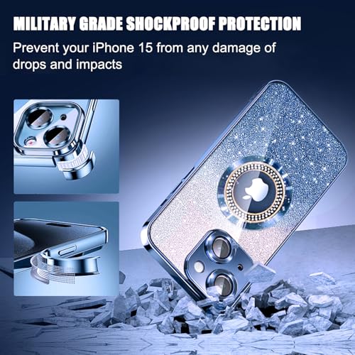 Image of Misscase for iPhone 15 Magnetic Case Compatible with MagSafe,Full Protection Slim Shockproof Anti-Scratch Glitter Case with Camera Lens Protector Logo View Dust-Proof Net for Women Blue