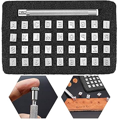 DURANTEY 37 Stücke Leder Stempel Prägestempel Metall Lederstempel Buchstaben Punzierstempel Stahl Leder Prägen Stempel Set von A bis Z Alphabet und 0-9 Zahlen 6.5mm für DIY Muster Handmade Werkzeug Cover