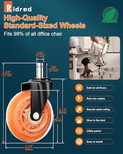 Image of RidRed Gaming Chair Wheels - Heavy-Duty Office Chair Wheels - Replacement Rubber Casters- Universal Fit 3 Inch Chair Casters, Noise Free, Fits 98% Chair, for All Floor