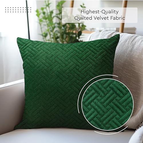 Image of Encasa XO Quilted Velvet Cushion Covers, Pillow Covers, No Inserts Green | 18 inchx18 inch | Double Sided Texture | Hidden Zipper | Machine Washable | Set of 2