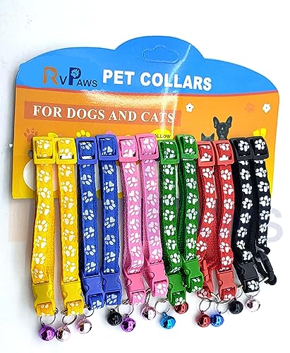 Image of Woofy Polyester Cat Collars - Paw Print Design, with Bell, Adjustable Strap and Safety Release Buckle, Modern Paw Print Design for Your Cute Cats (Pack of 2 Pcs) Random Color, 30 x 1 cm, multicolor