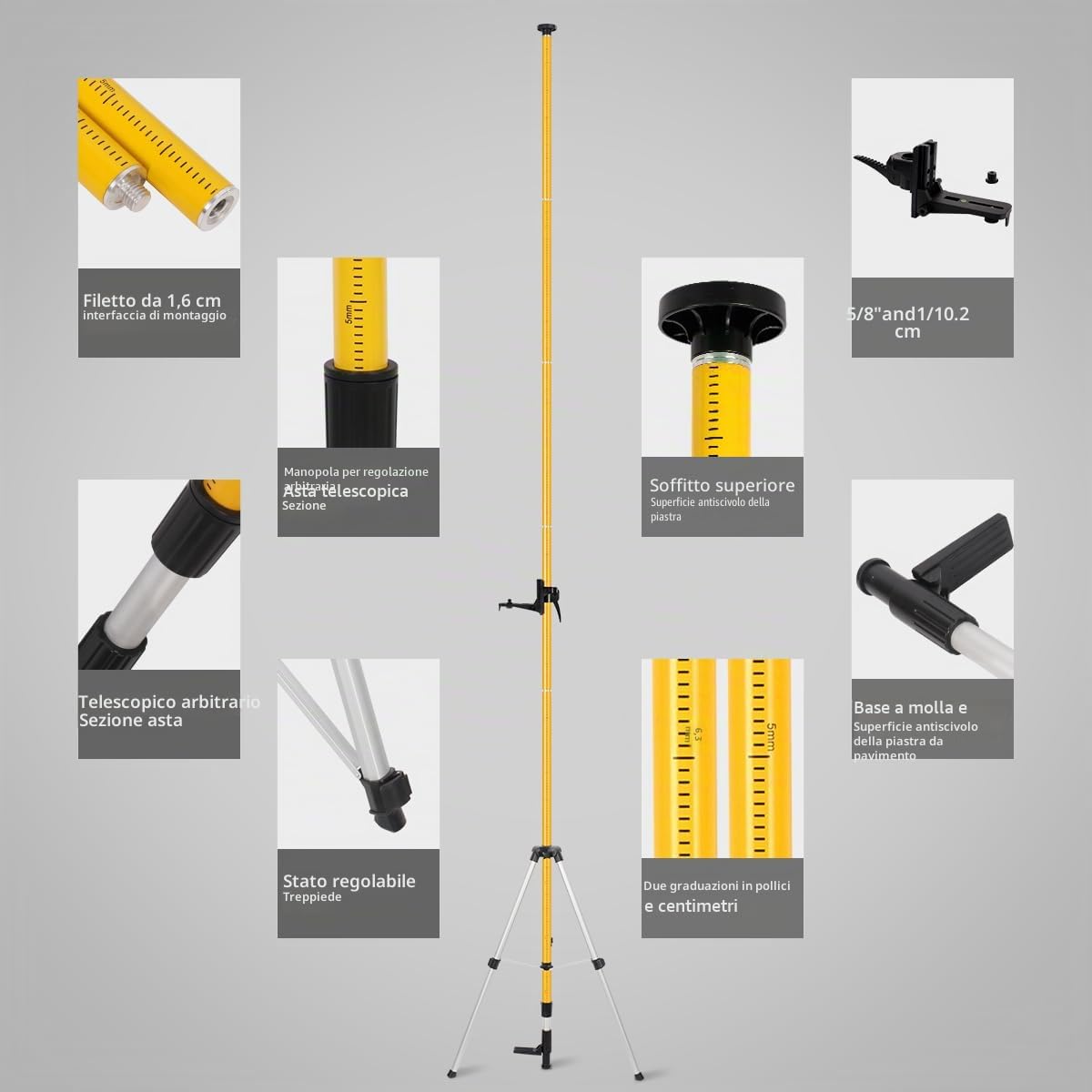 Asta per Livella Laser, Asta Telescopica da 4,8M con Treppiede, Asta di Supporto per Livella Laser per Livelle Laser Rotative e Laser a Linea, Filettatura 1/4"-20, Adattatore 5/8"-11