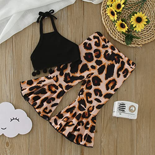 IKFIVQD Camiseta infantil para meninas sem mangas colete estampa de leopardo calças de sino roupas i