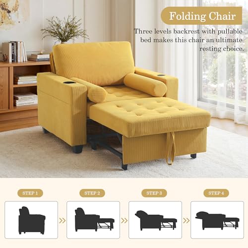 Image of 3-in-1 Sleeper Sofa Chairs Set of 2, Pull Out Sofa Bed Convertible Reclining Seat Upholstered Armchair, Adjustable Backrest Recliner Chair with Side Pockets, Cup Holder & USB Ports - Yellow