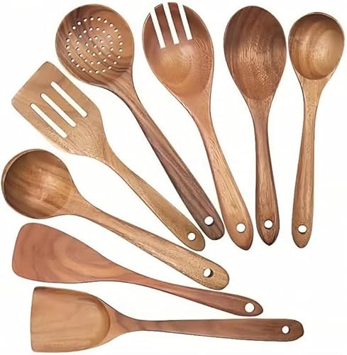 Rutexc天然木製キッチン用品セット:チーク材の長柄スープスプーン、木製ストレーナー、ノンスティックフライパンとスパチュラ、天然木製スパチュラ、収納簡単、軽量で耐久性があり、炒め物に適しています。