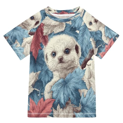 Boys Short Sleeve T-Shirts Ferret Animal Leaves Rashguard Kids Swim Shirts Sun UPF 50+