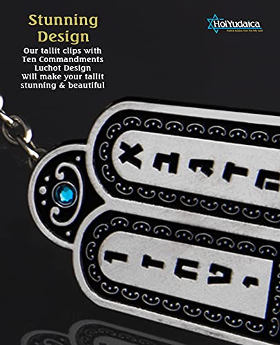 Clips for Tallit Prayer Shawl, Made in Israel, Silver Color wirh a Ten Commandments Luchot Design, 3CM / 3.5CM3