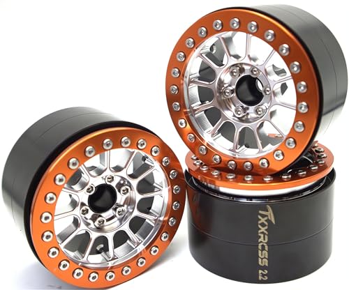 TxXrcss 200g Super Heavy Duty RC 2.2 Beadlock Wheels 1/10 Crawler Upgrade RC Wheel 4pcs Rims Hub for Axial SCX10 Trx4m (Silver Orange)