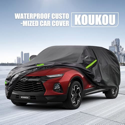 Image of KouKou Waterproof SUV Car Cover Suitable for Chevy Blazer from 1982 to 2025, 7 Layers Windproof All Weather Waterproof Outdoor Cover Sun Rain UV Dust Snow Protection. Black