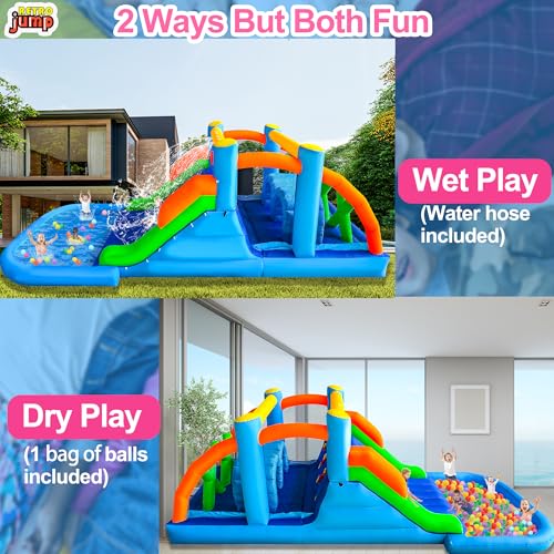 RETRO JUMP Bounce House,8 in 1 Inflatable Obstacle Course Bounce House,Inflatable Water Slide,Waterslide Park with Climbing Wall,Large Splash Pool,Obstacles,Sprinkles,Bouncy Castle Water Slide