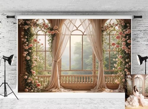 Toile de fond de chambre Kate à motif fleurs roses et rideau vert