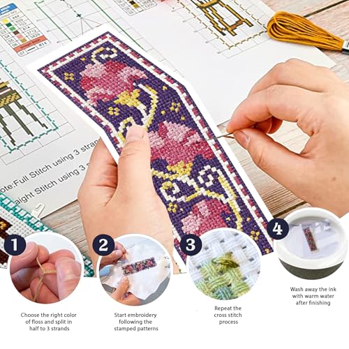 Image of FREEBLOSS 6 Set Cross Stitch Bookmark Kit 11 CT Complete Stamped Cross Stitch Kit DIY Embroidery Bookmark Kits for Adult Beginners with Instructions, Vintage Floral Pattern, 6 x 20 cm /8 inch x 2.4 inch
