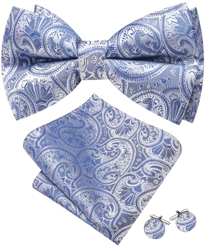 Image of Barry.Wang Paisley Striped Bow Tie for Men Silk Pre-Tied Bowtie Pocket Square Cufflinks Set Formal Wedding Party Prom