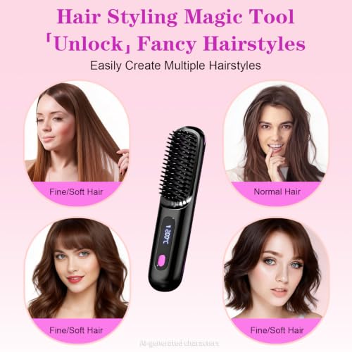 Image of Go Brush Pro Cordless Hair Straightener Brush, Portable Straightener Brushs for Travel, Fast Heating Cordless Mini Hair Brushs with LED Display, 3 Adjustable Temperatures for All Hair Types, Black