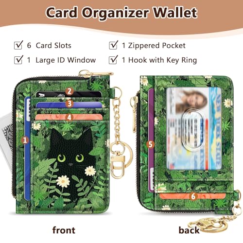 Image of GIANCOMICS Slim Wallet Credit Card Holder Women, Black Cat Flower Rfid Blocking Small Card Case, Keychain Thin Pocket Curved Zipper Wallet, Travel Card Holder PU Leather ID Window, Ladies Female Gift